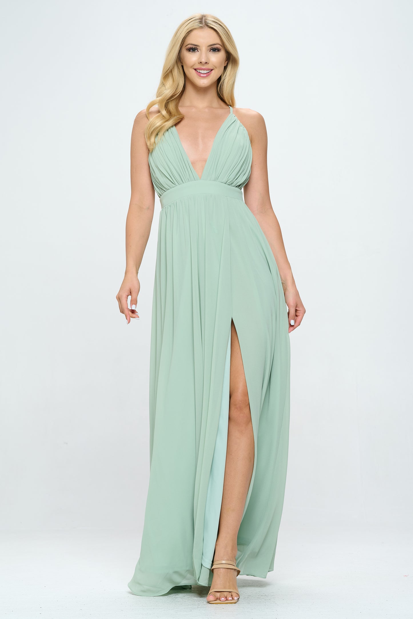 PLEATED CHIFFON PLUNGING V NECKLINE MAXI DRESS