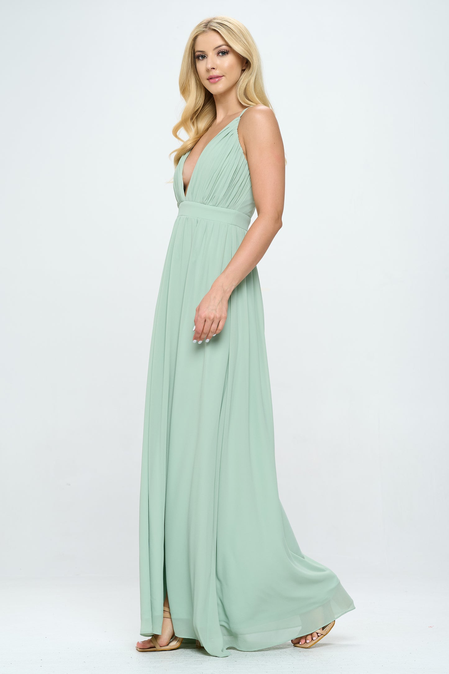 PLEATED CHIFFON PLUNGING V NECKLINE MAXI DRESS