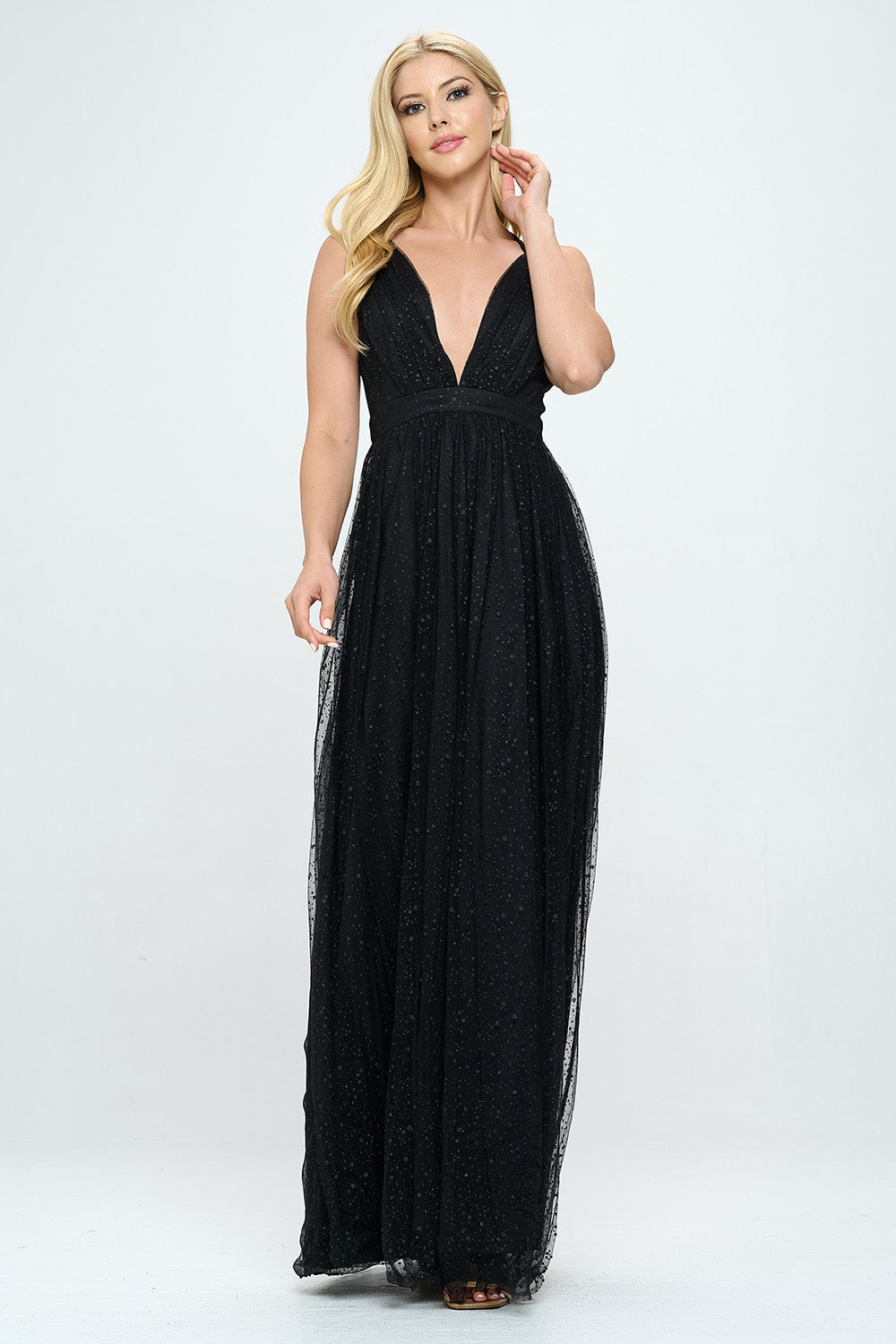 PLUNGING NECKLINE LAYERED GLITTER TULLE MAXI DRESS