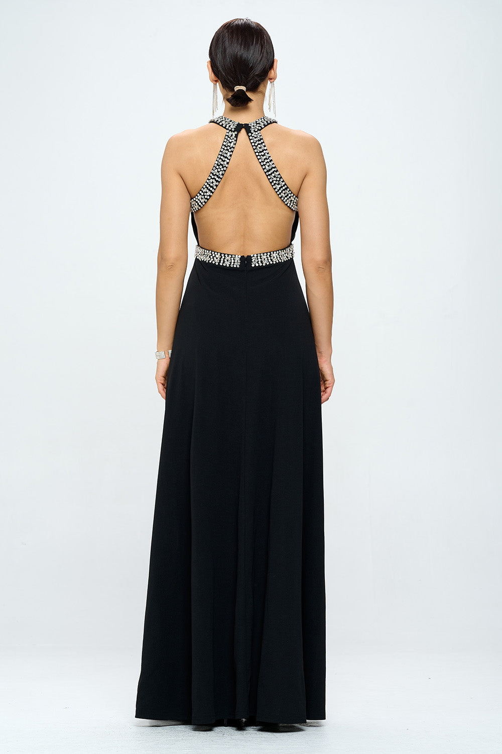 RHINESTONE HALTER NECK OPEN BACK SLIT MAXI DRESS