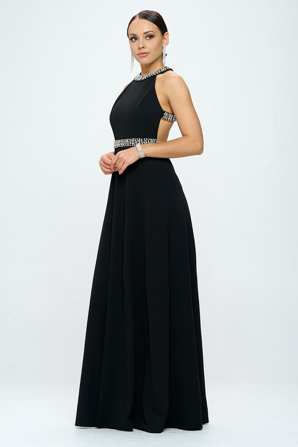 RHINESTONE HALTER NECK OPEN BACK SLIT MAXI DRESS