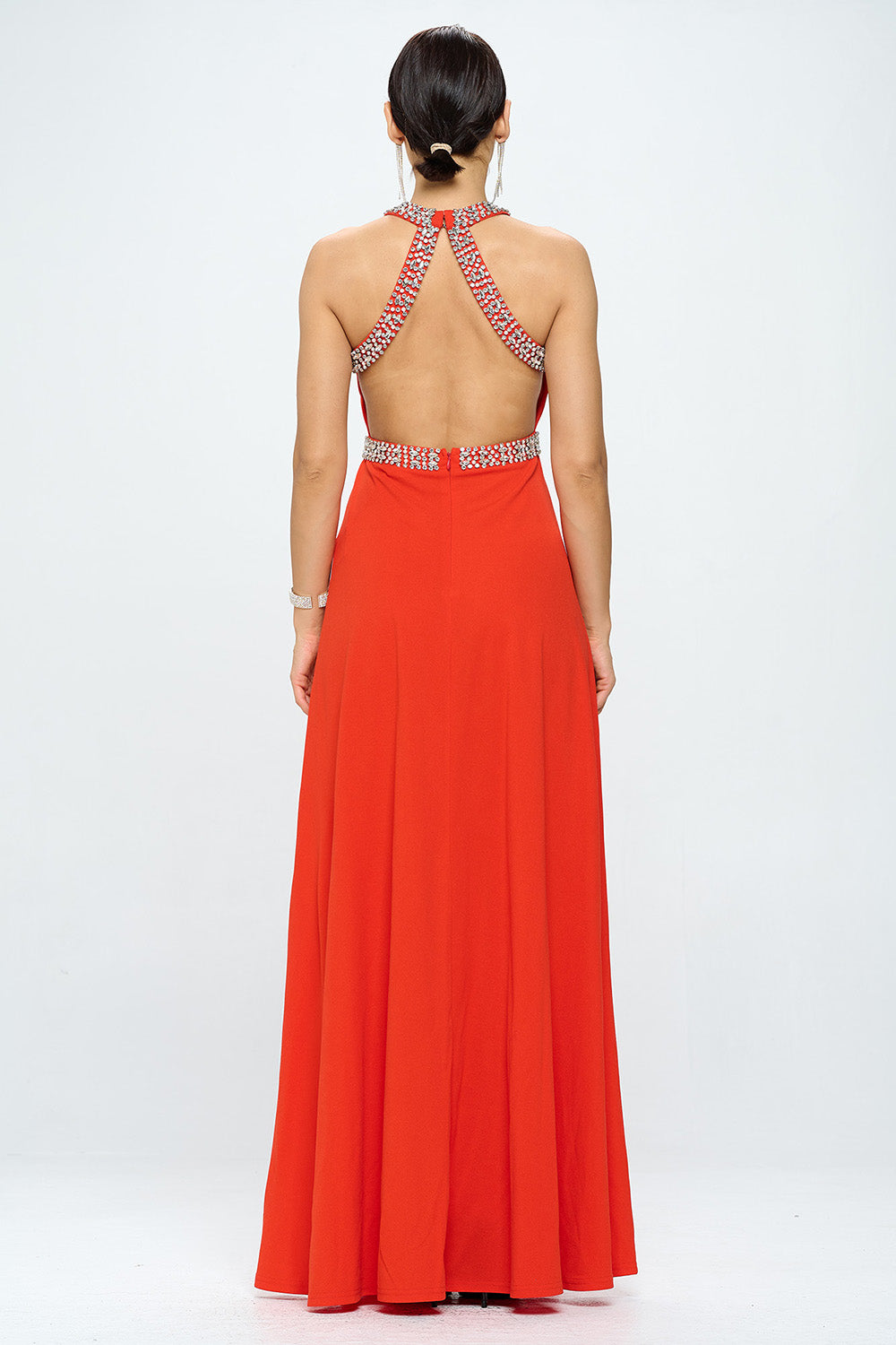 RHINESTONE HALTER NECK OPEN BACK SLIT MAXI DRESS