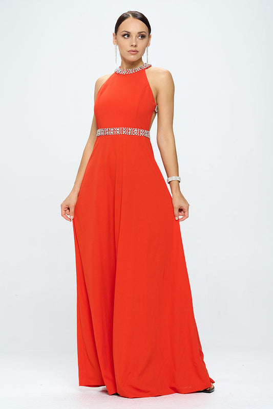 RHINESTONE HALTER NECK OPEN BACK SLIT MAXI DRESS