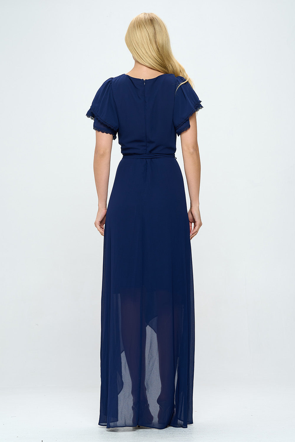 LAYERED BUTTERFLY SLEEVE BELTED WRAP MAXI DRESS