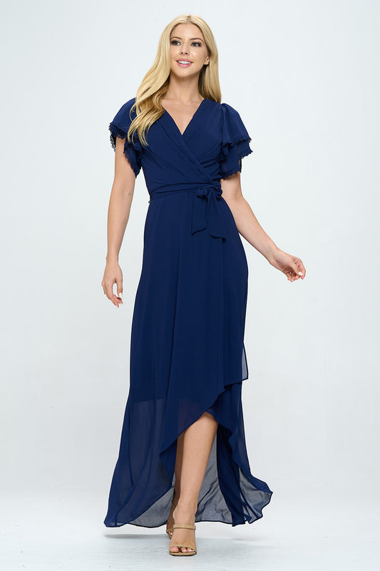 LAYERED BUTTERFLY SLEEVE BELTED WRAP MAXI DRESS