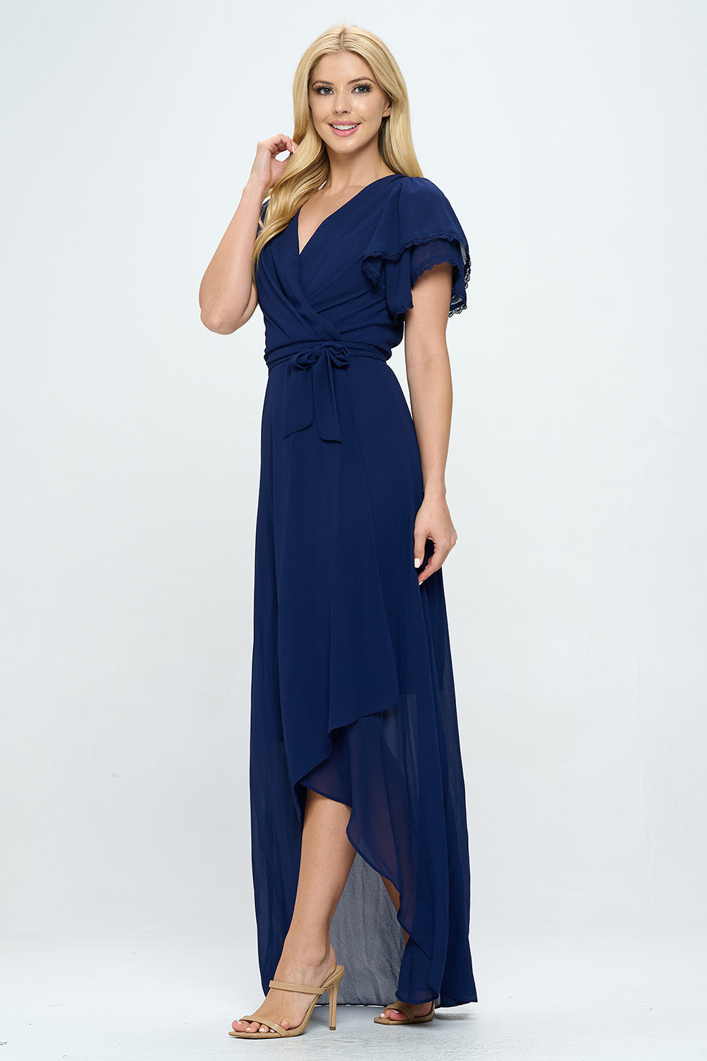 LAYERED BUTTERFLY SLEEVE BELTED WRAP MAXI DRESS