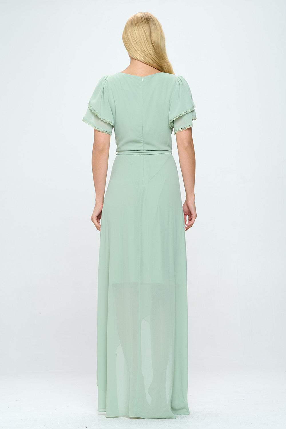 LAYERED BUTTERFLY SLEEVE BELTED WRAP MAXI DRESS