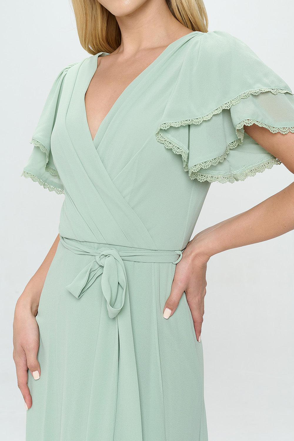 LAYERED BUTTERFLY SLEEVE BELTED WRAP MAXI DRESS