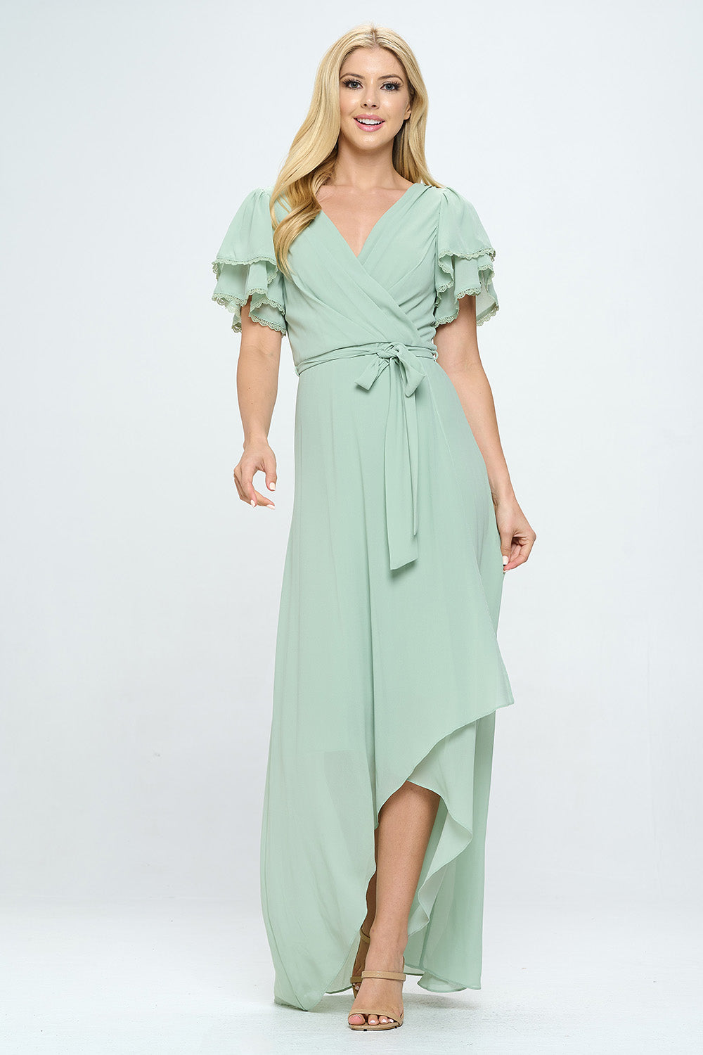 LAYERED BUTTERFLY SLEEVE BELTED WRAP MAXI DRESS