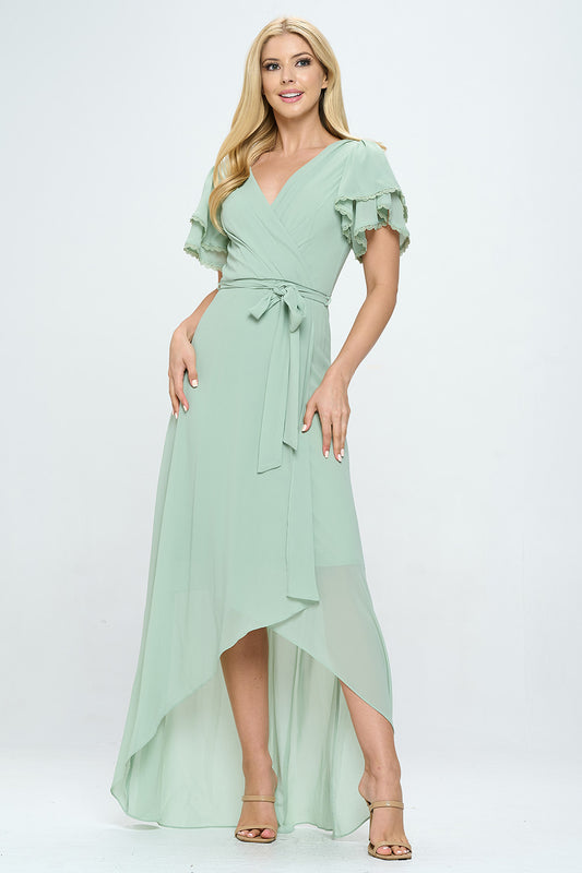 LAYERED BUTTERFLY SLEEVE BELTED WRAP MAXI DRESS