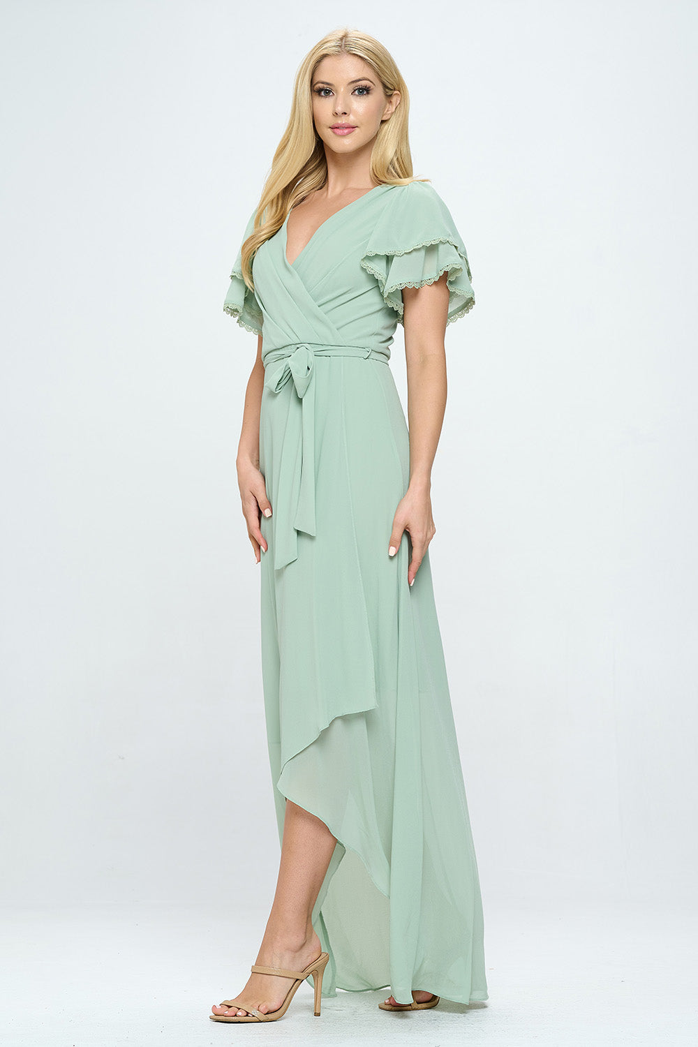 LAYERED BUTTERFLY SLEEVE BELTED WRAP MAXI DRESS