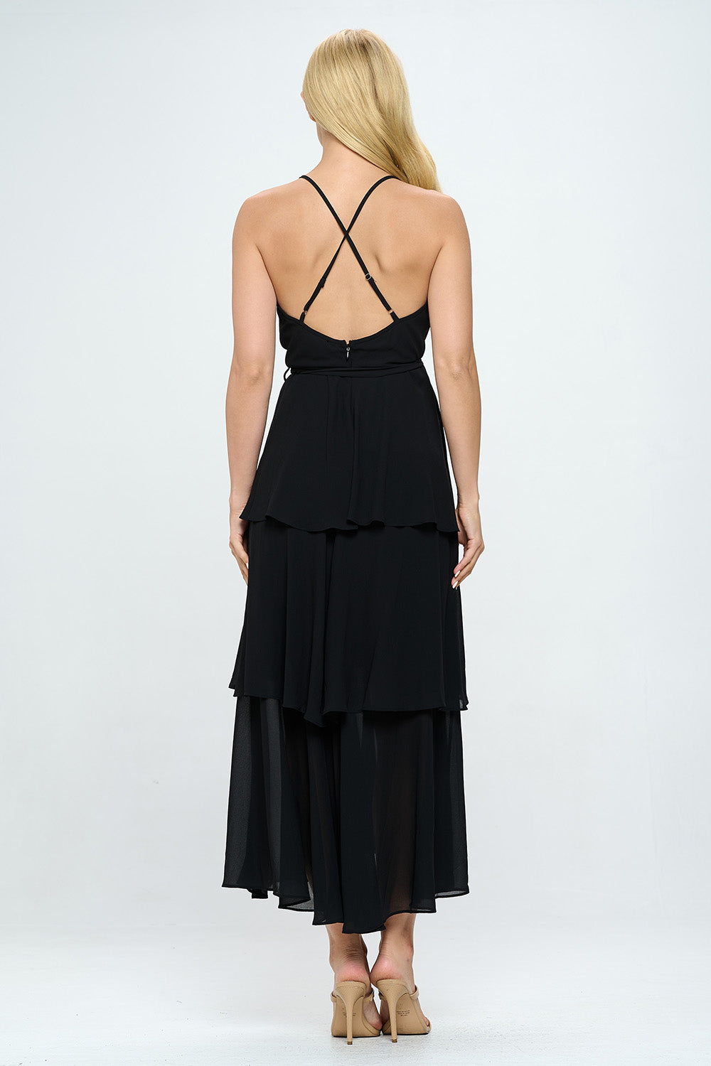 BELTED LAYERED HEM SLEEVELESS MAXI DRESS