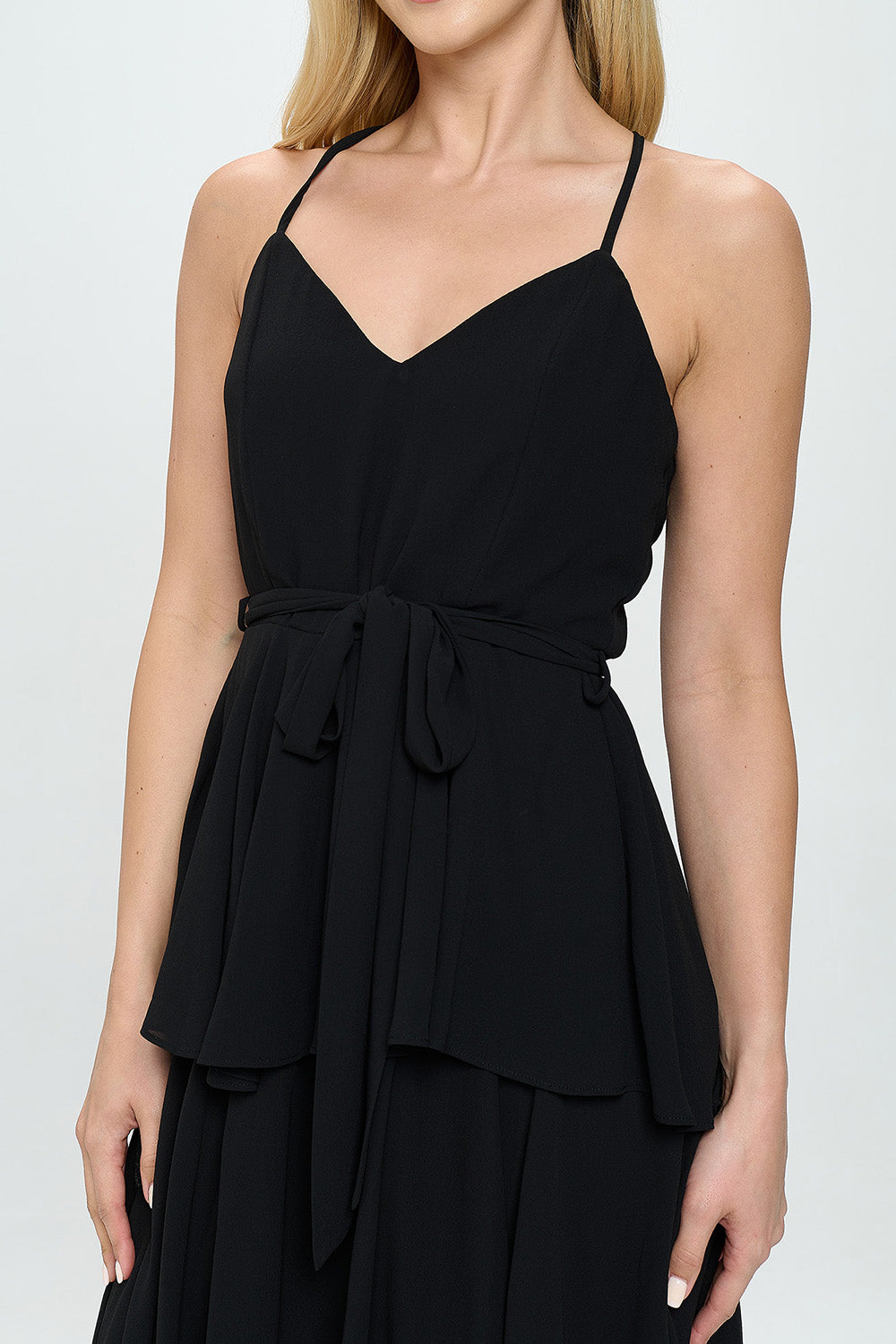 BELTED LAYERED HEM SLEEVELESS MAXI DRESS