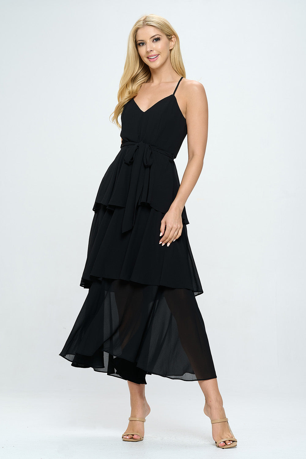 BELTED LAYERED HEM SLEEVELESS MAXI DRESS