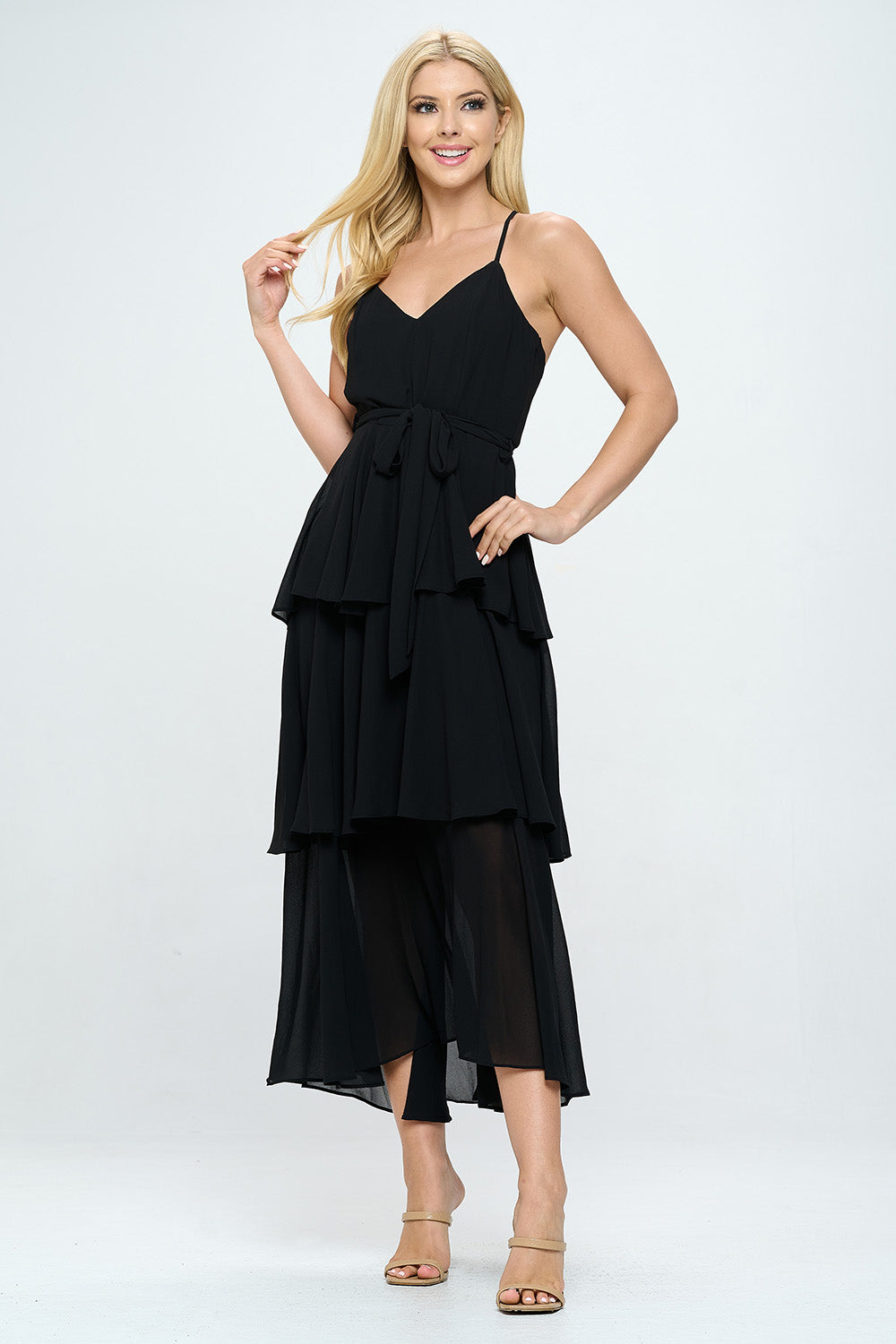 BELTED LAYERED HEM SLEEVELESS MAXI DRESS