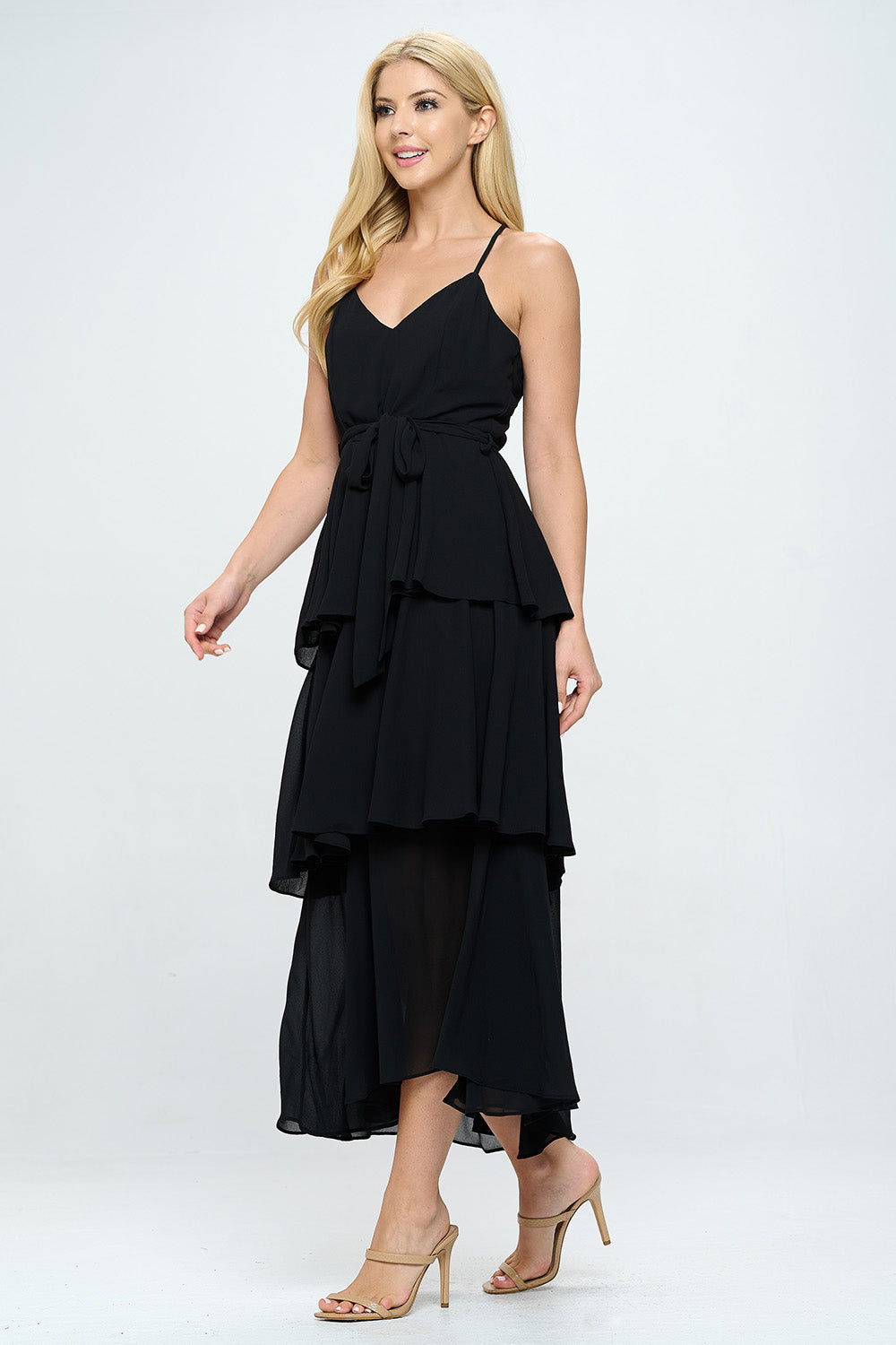 BELTED LAYERED HEM SLEEVELESS MAXI DRESS