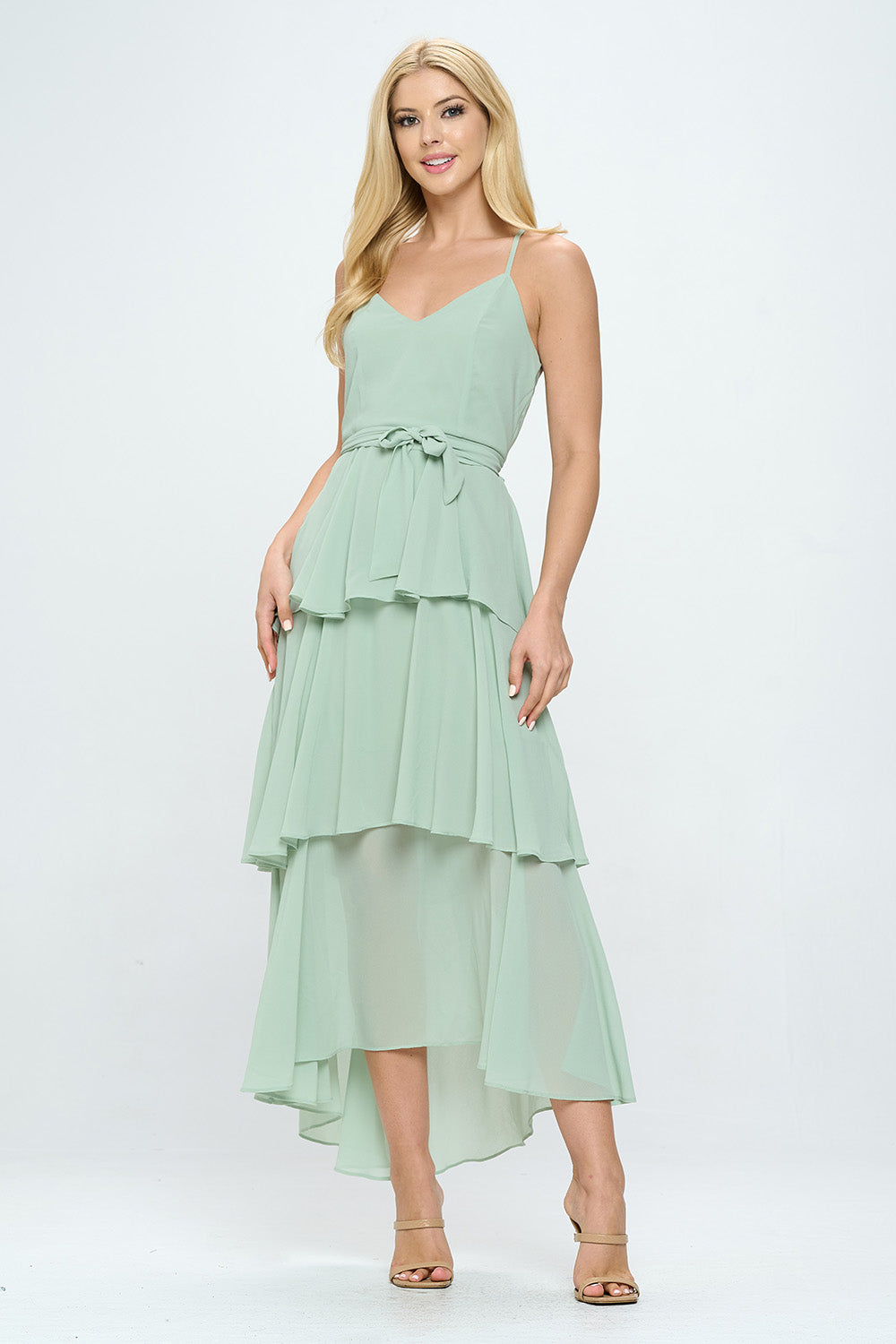 BELTED LAYERED HEM SLEEVELESS MAXI DRESS