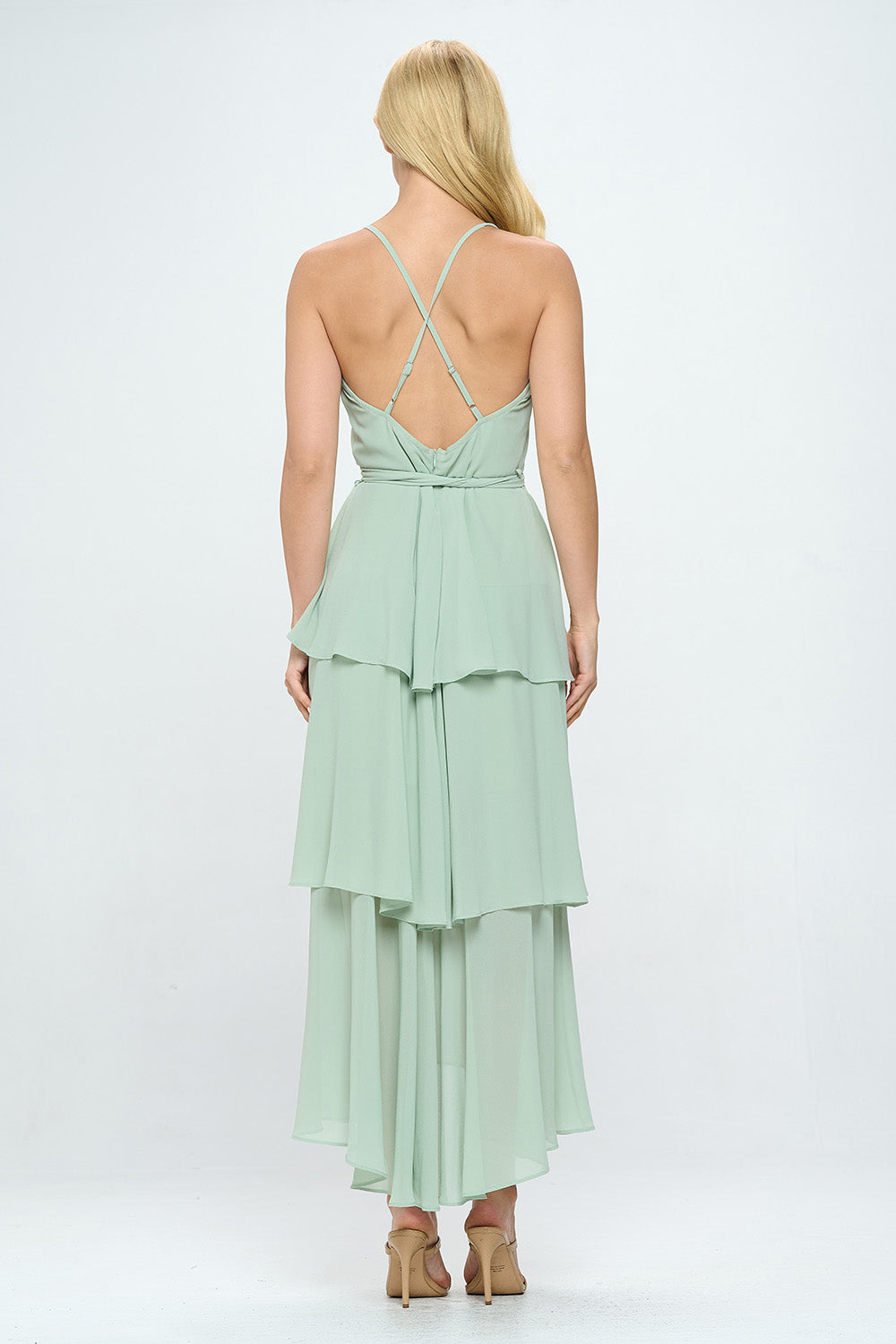 BELTED LAYERED HEM SLEEVELESS MAXI DRESS