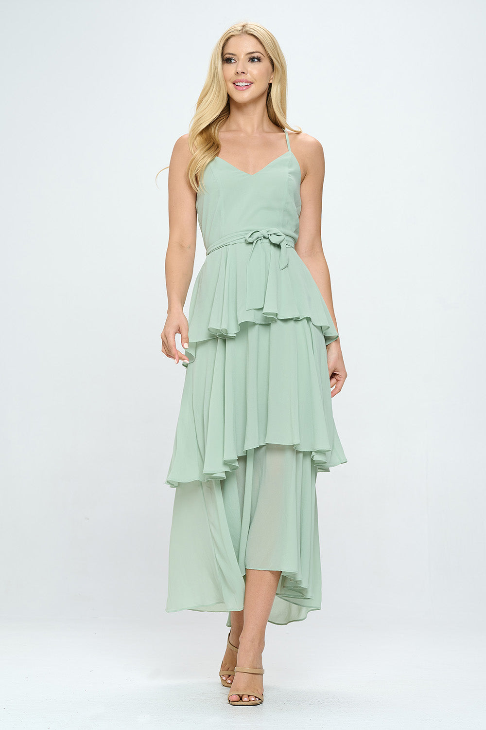 BELTED LAYERED HEM SLEEVELESS MAXI DRESS