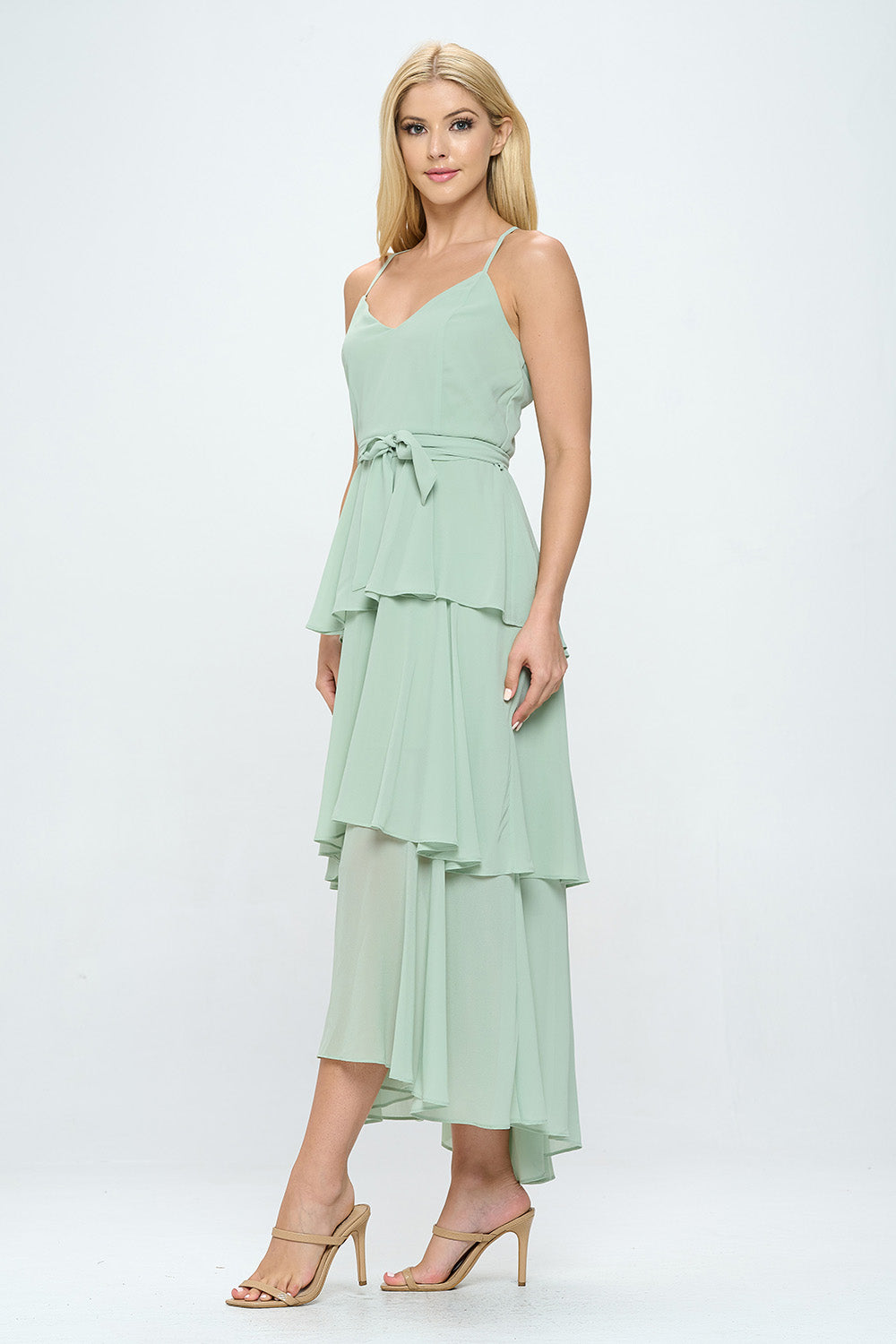 BELTED LAYERED HEM SLEEVELESS MAXI DRESS