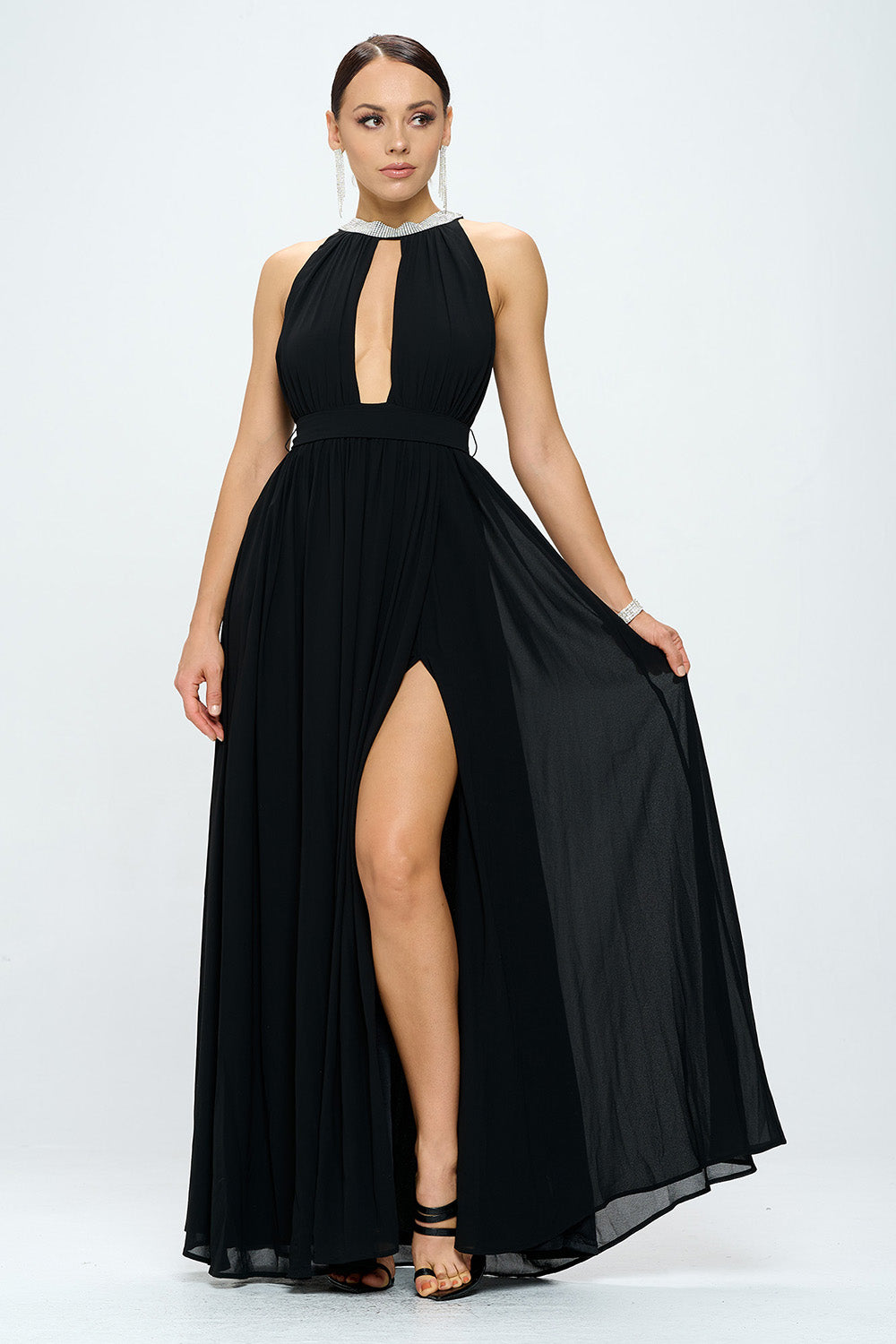 RHINESTONED HALTER NECK BELTED SLIT MAXI DRESS