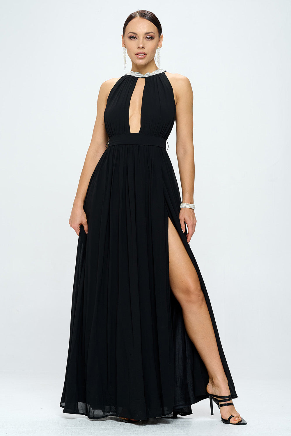 RHINESTONED HALTER NECK BELTED SLIT MAXI DRESS