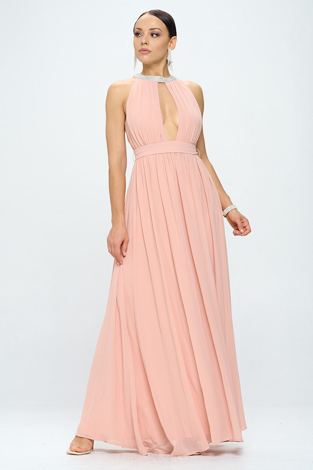 RHINESTONED HALTER NECK BELTED SLIT MAXI DRESS