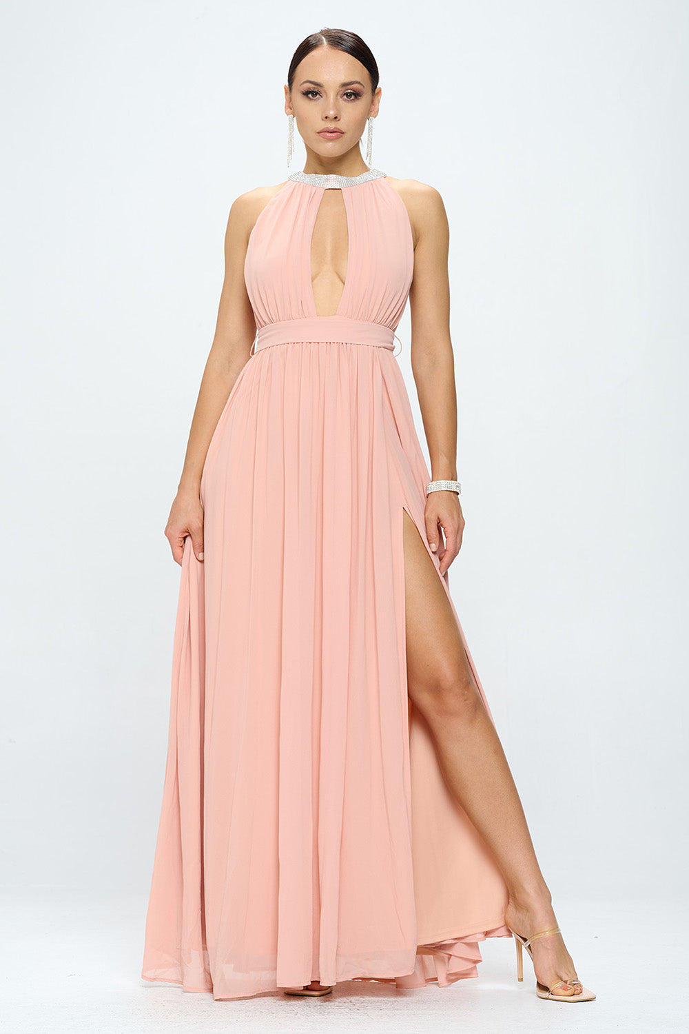 RHINESTONED HALTER NECK BELTED SLIT MAXI DRESS