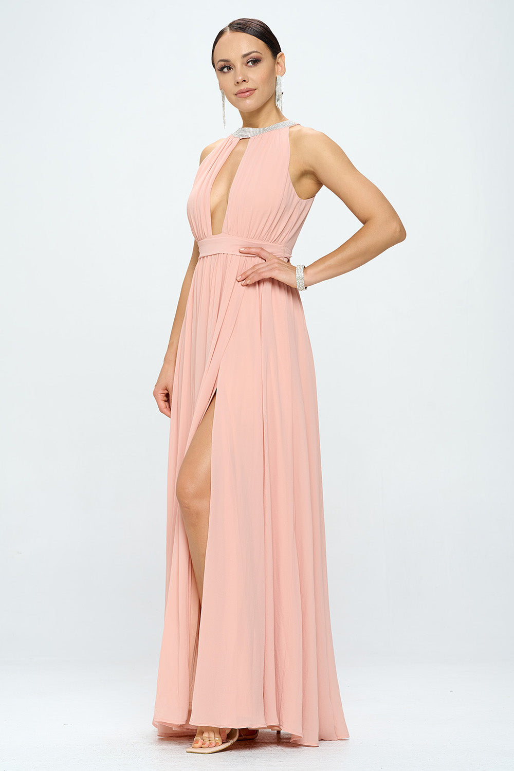 RHINESTONED HALTER NECK BELTED SLIT MAXI DRESS