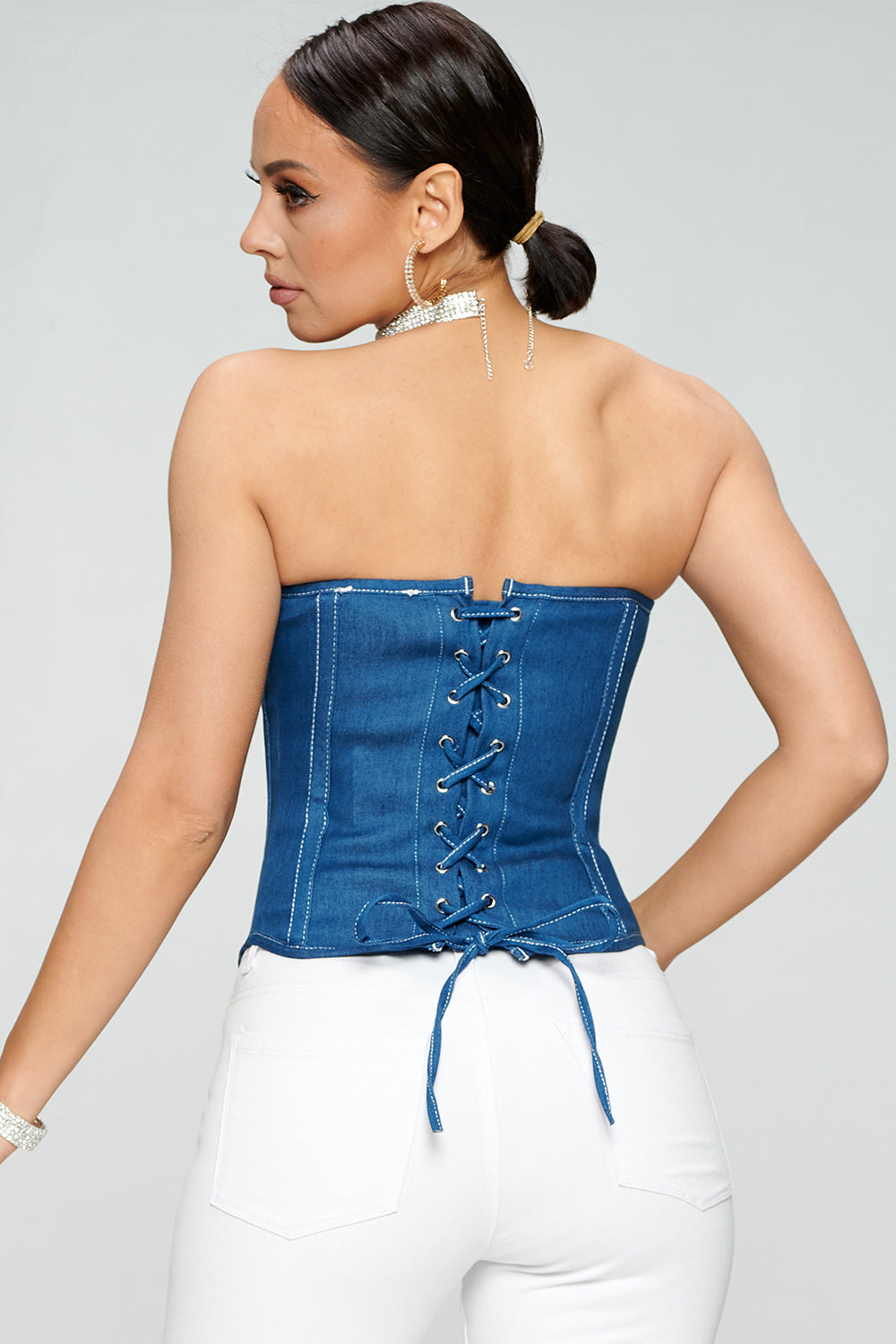 DENIM RIGID ZIP UP FRONT LACE UP CORSET