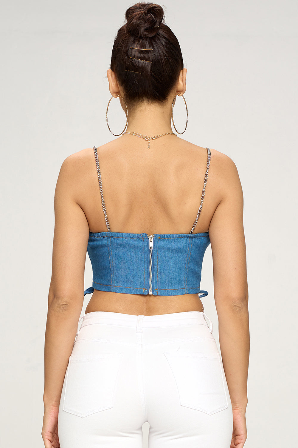 CHAIN STRAP LACE UP FRONT DETAIL DENIM CROP TOP – OhYes Fashion