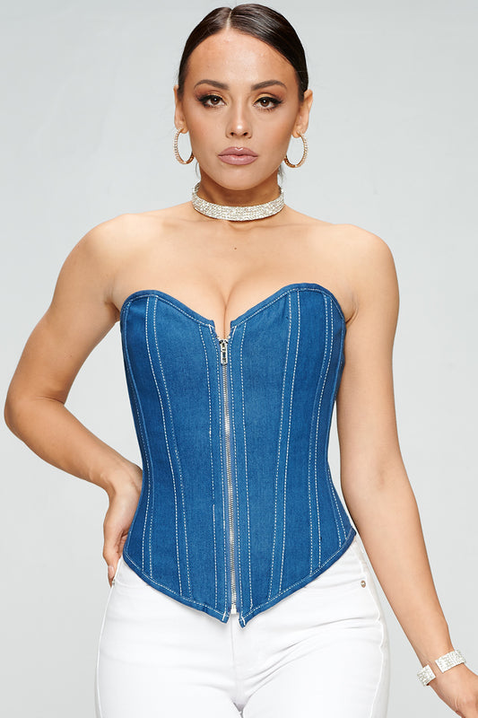 DENIM RIGID ZIP UP FRONT LACE UP CORSET