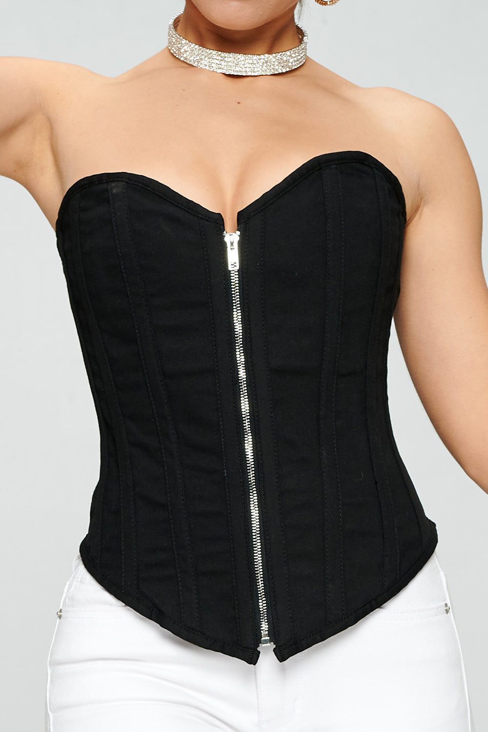 DENIM RIGID ZIP UP FRONT LACE UP CORSET