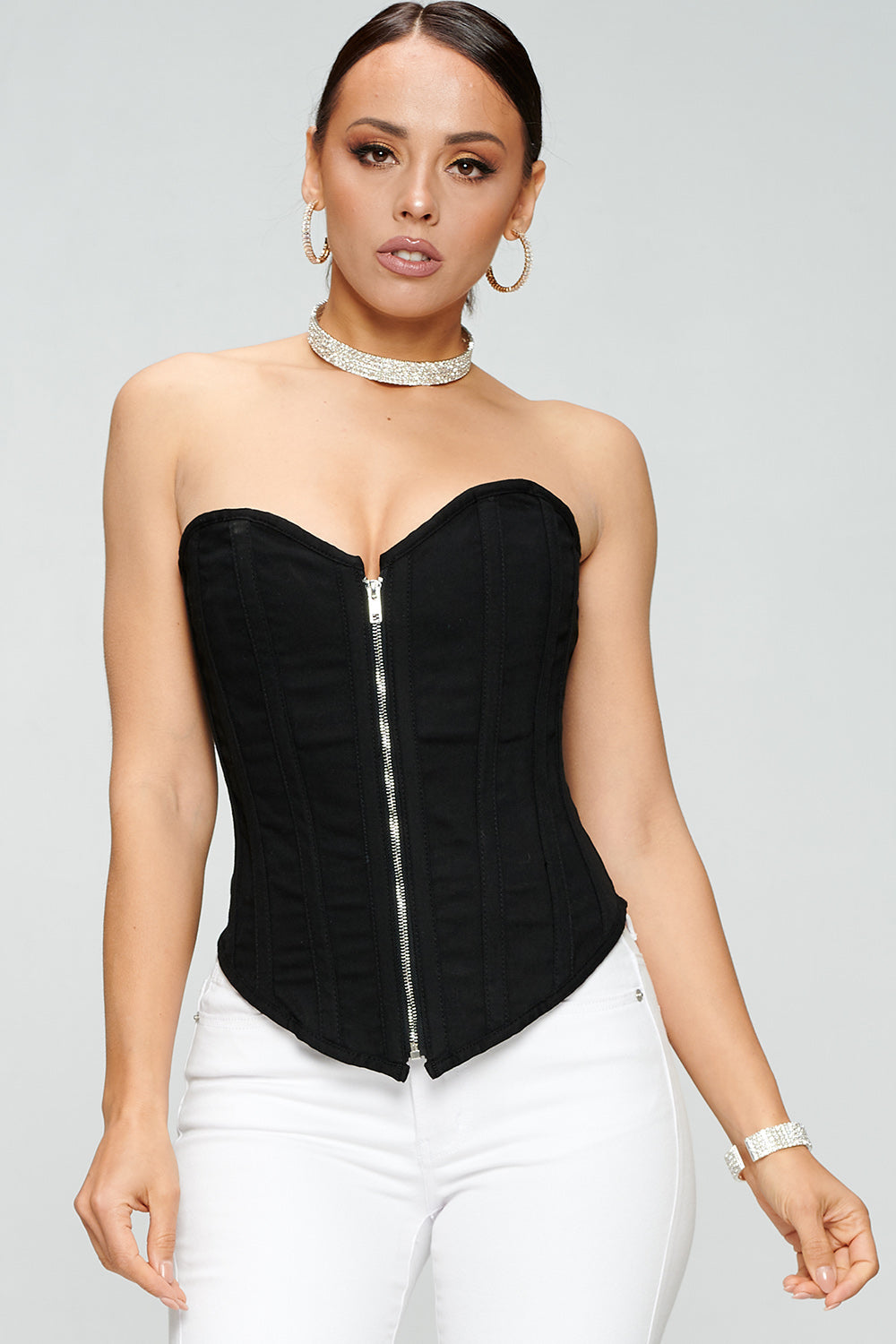 DENIM RIGID ZIP UP FRONT LACE UP CORSET