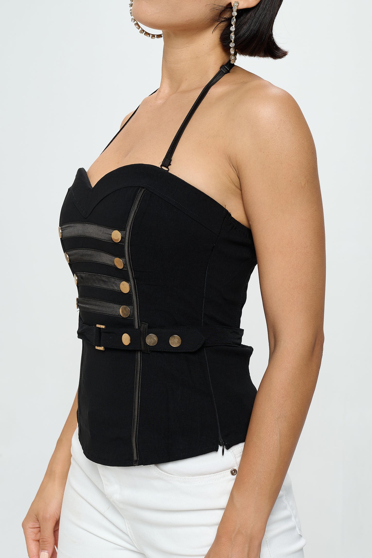 BUTTON TRIM BELTED HALTER NECK CORSET TOP