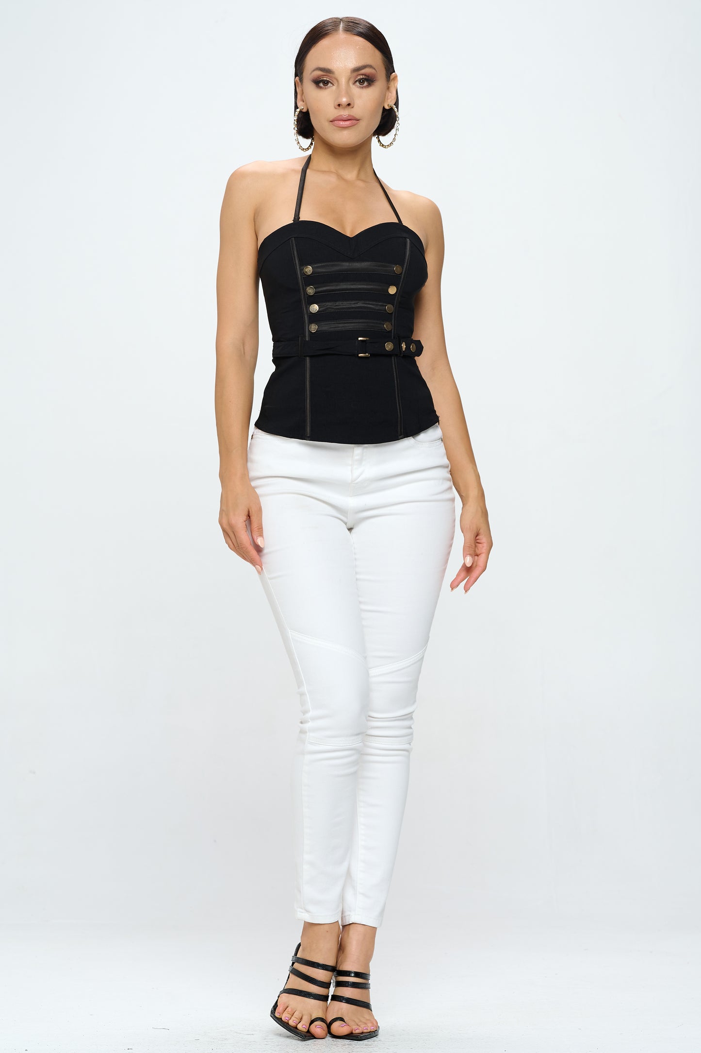 BUTTON TRIM BELTED HALTER NECK CORSET TOP