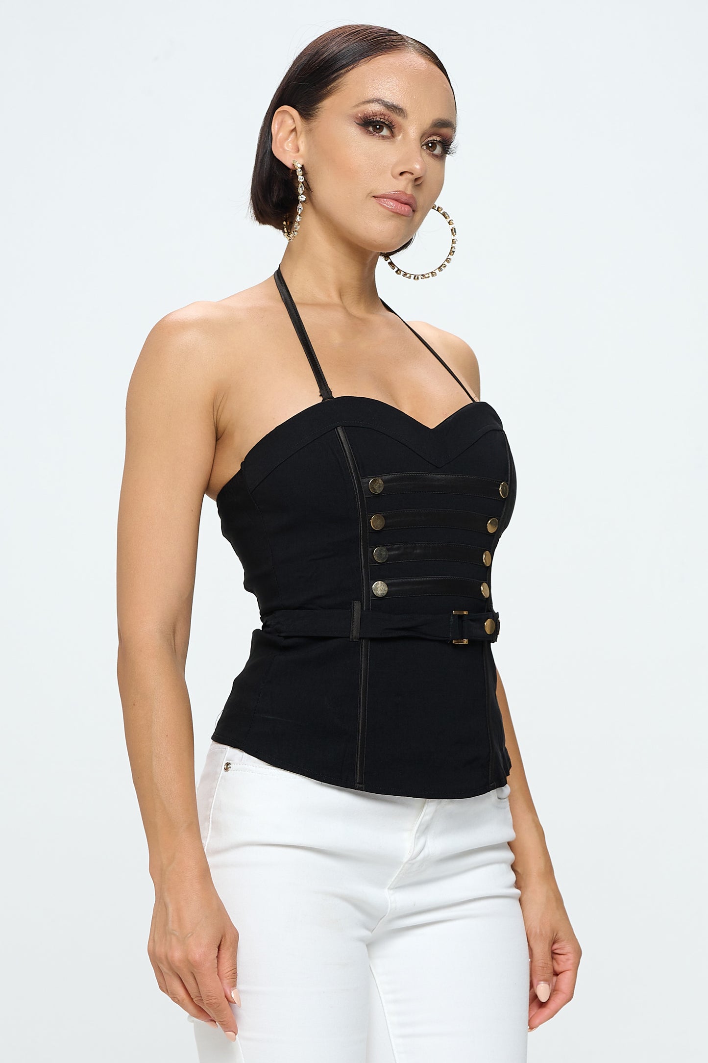 BUTTON TRIM BELTED HALTER NECK CORSET TOP