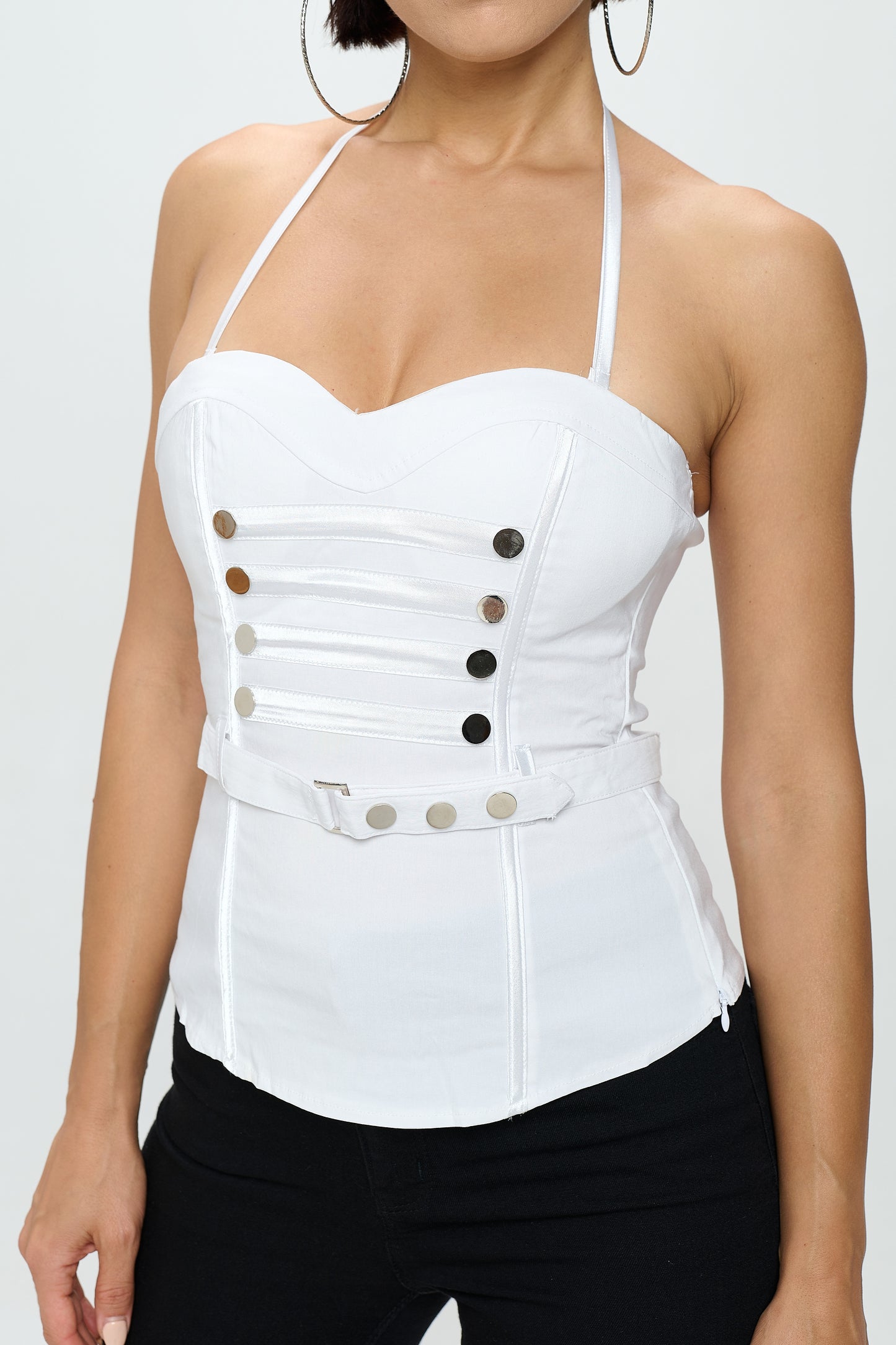 BUTTON TRIM BELTED HALTER NECK CORSET TOP