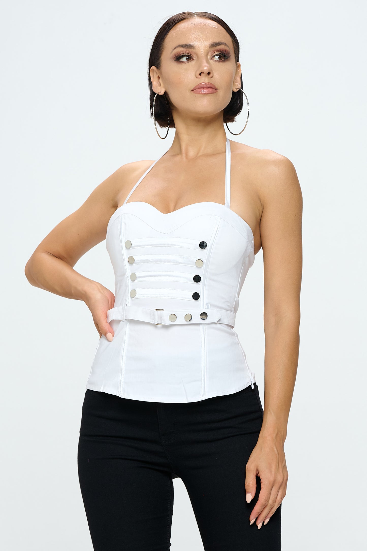 BUTTON TRIM BELTED HALTER NECK CORSET TOP