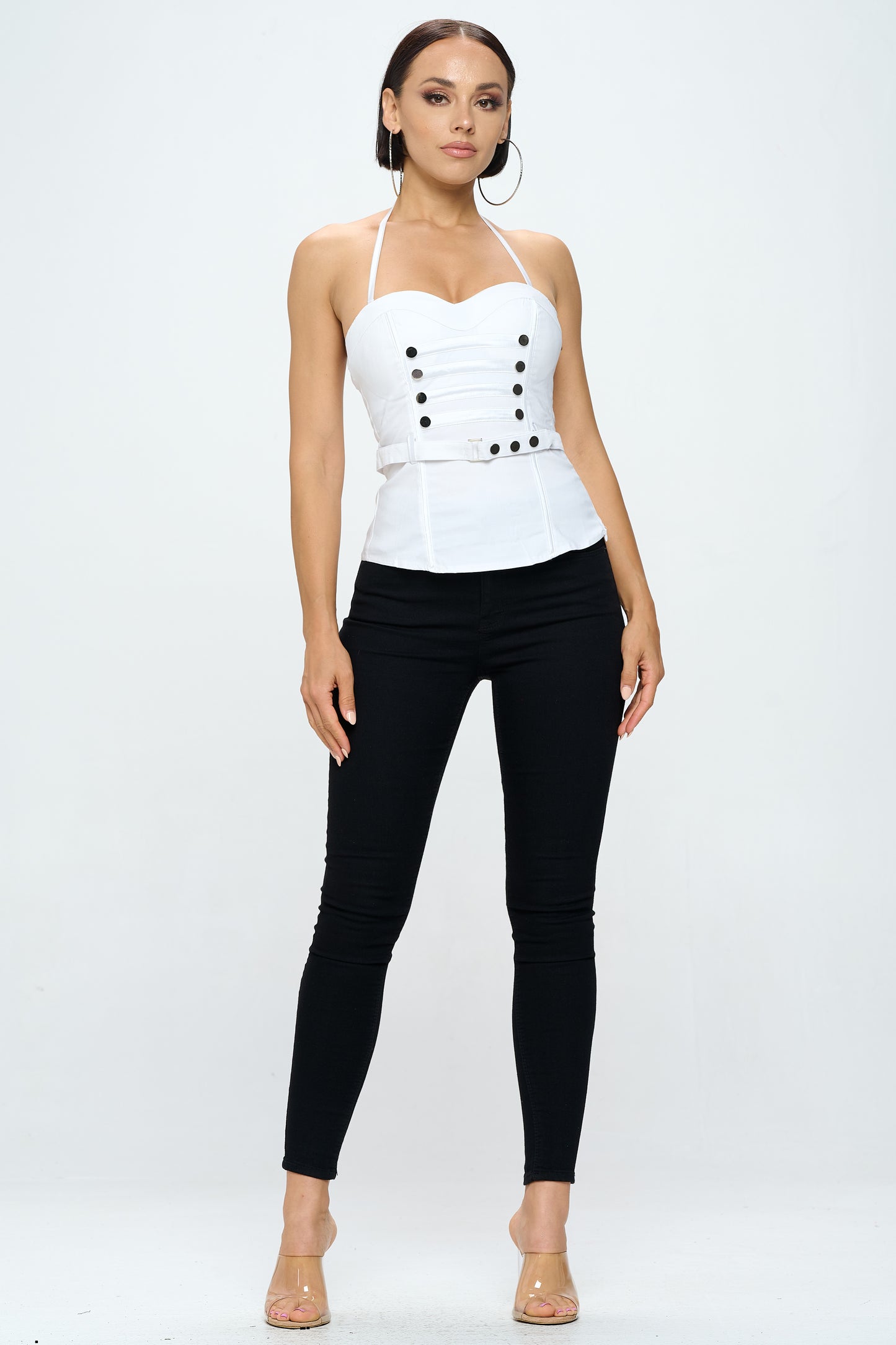 BUTTON TRIM BELTED HALTER NECK CORSET TOP