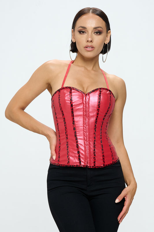 LEOPARD PRINT TRIM PU HALTER CORSET TOP