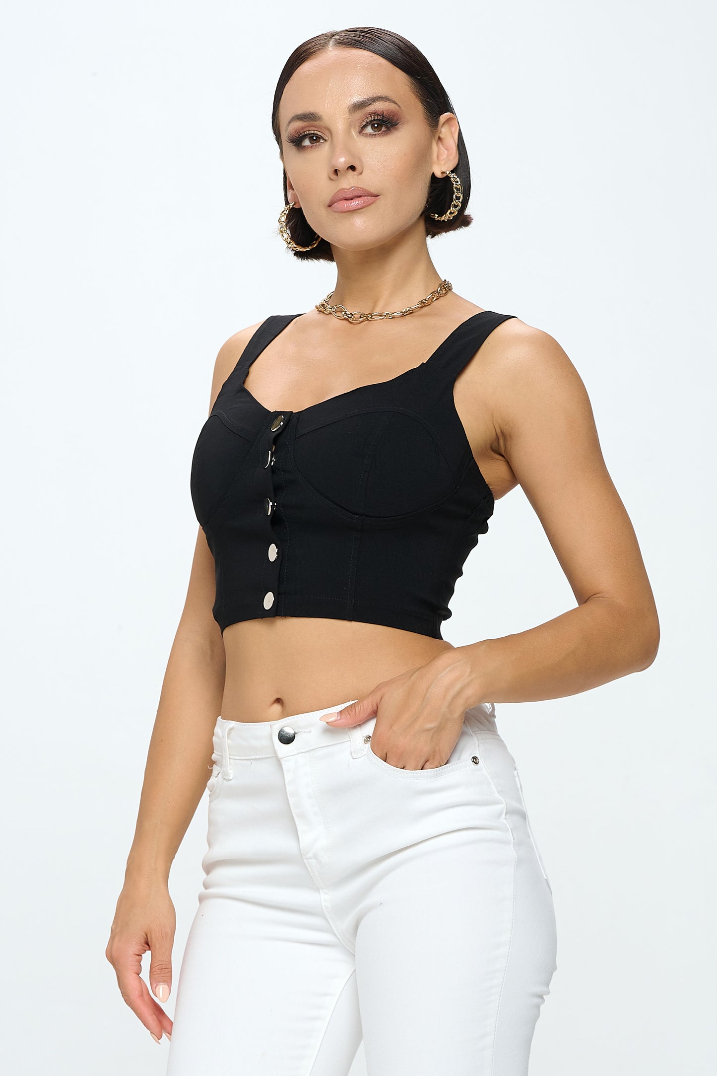 FRONT BUTTON CLOSURE CROP TANK TOP