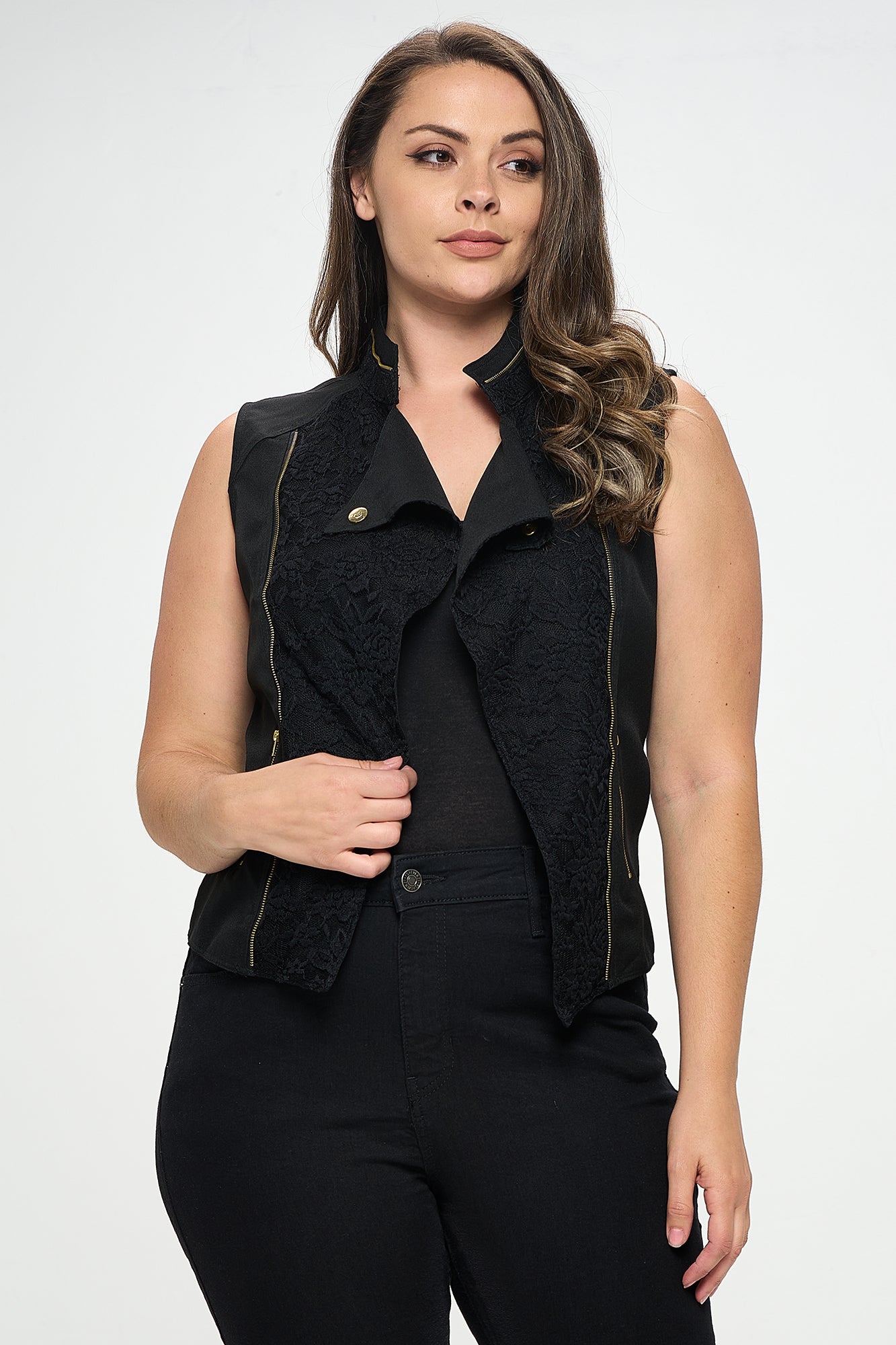 SLEEVELESS LACE ZIPPER VEST-PLUS