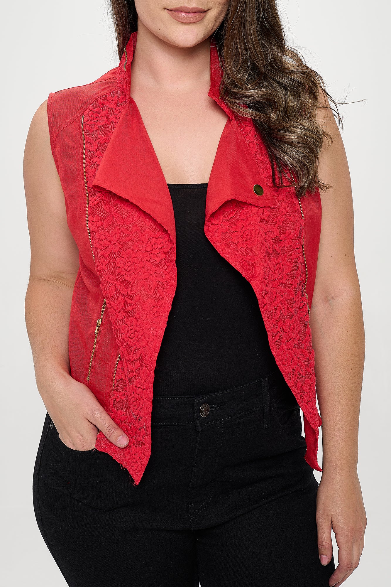 SLEEVELESS LACE ZIPPER VEST-PLUS