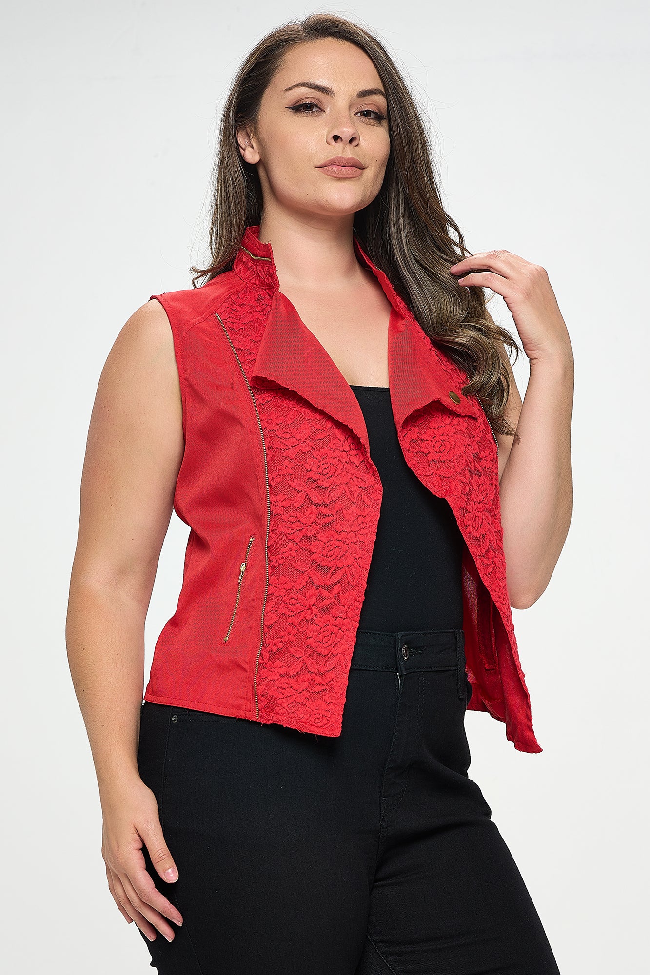 SLEEVELESS LACE ZIPPER VEST-PLUS