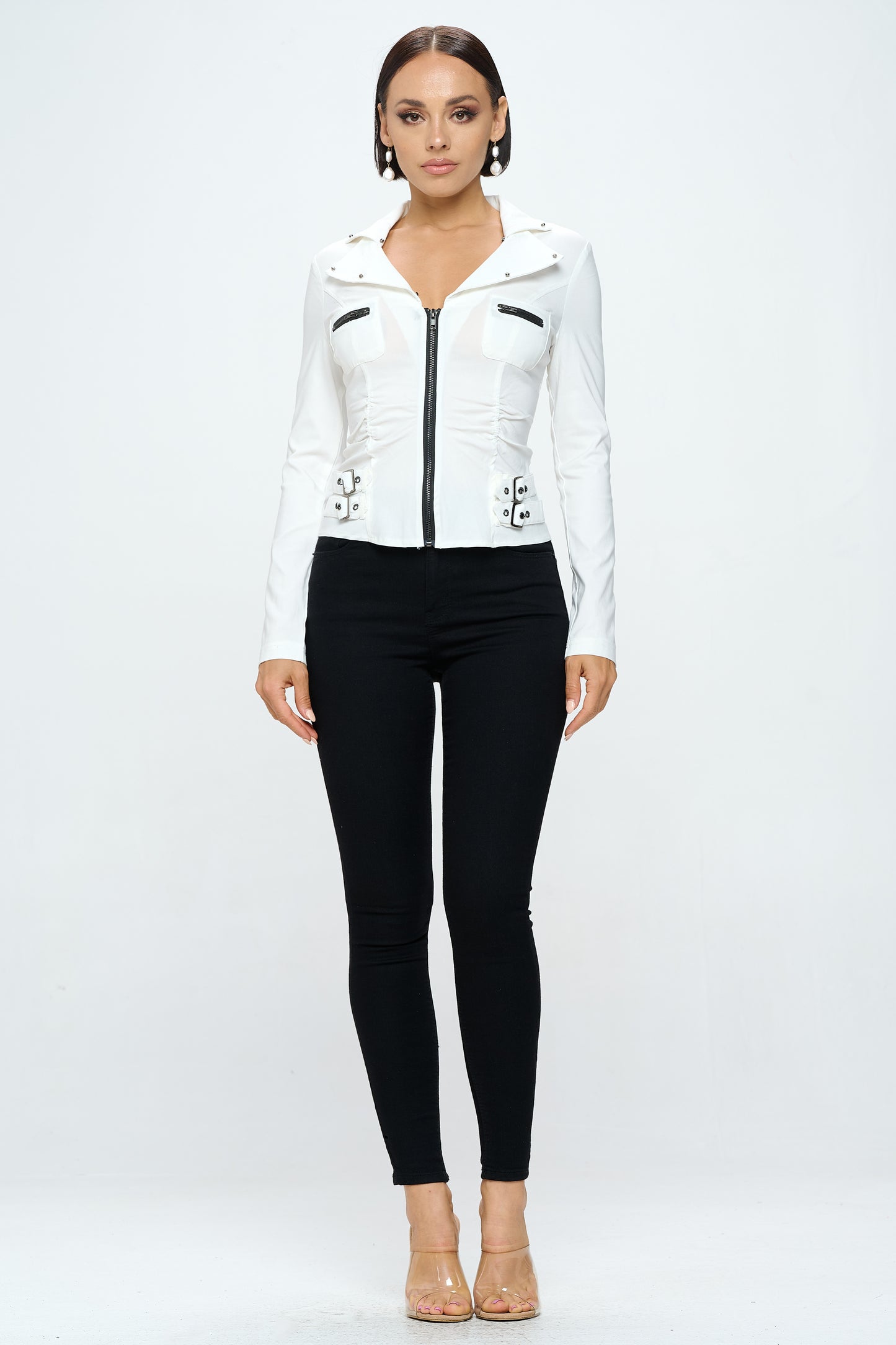 ZIPPER FRONT CLOSURE BUCKLE SIDE DETAILS LONG SLEEVE JACKET