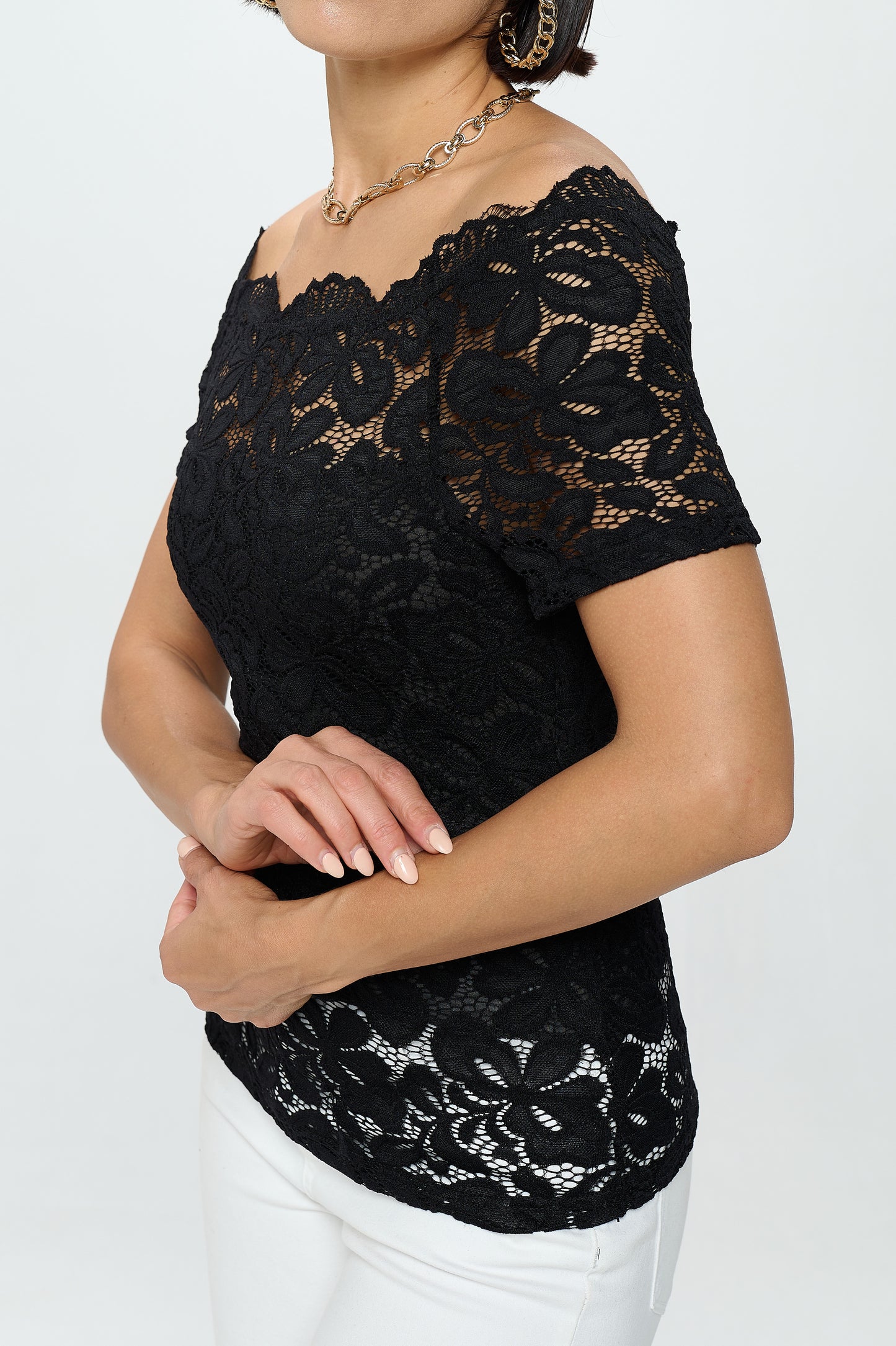 OFF SHOULDER SHORT SLEEVE LACE TOP