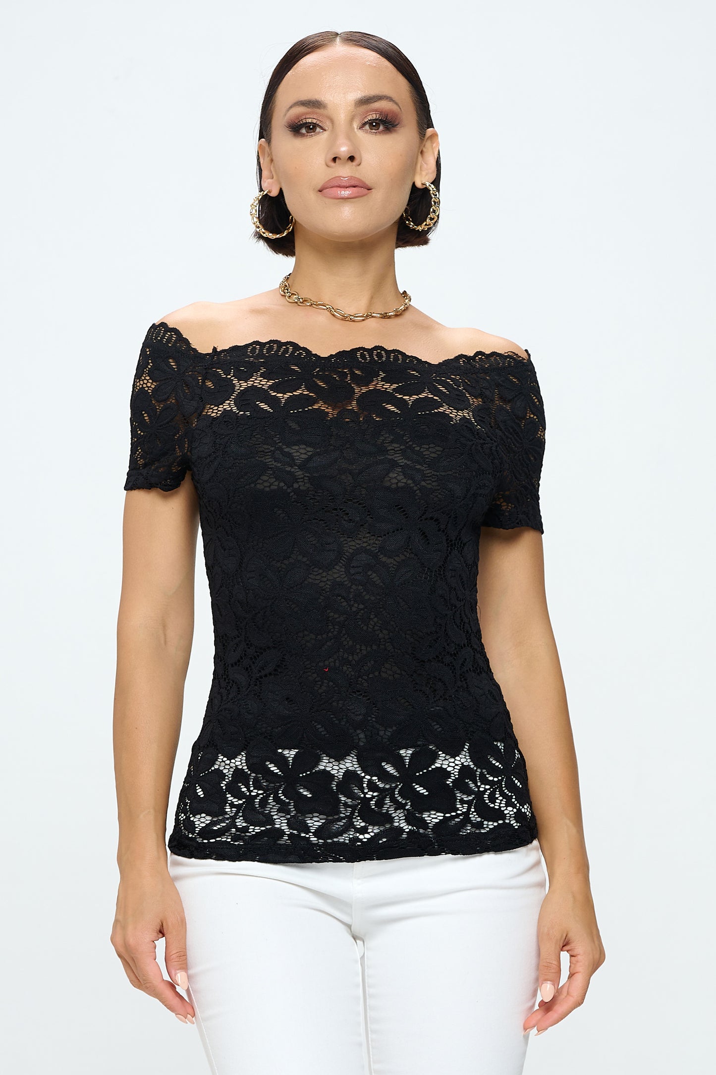 OFF SHOULDER SHORT SLEEVE LACE TOP