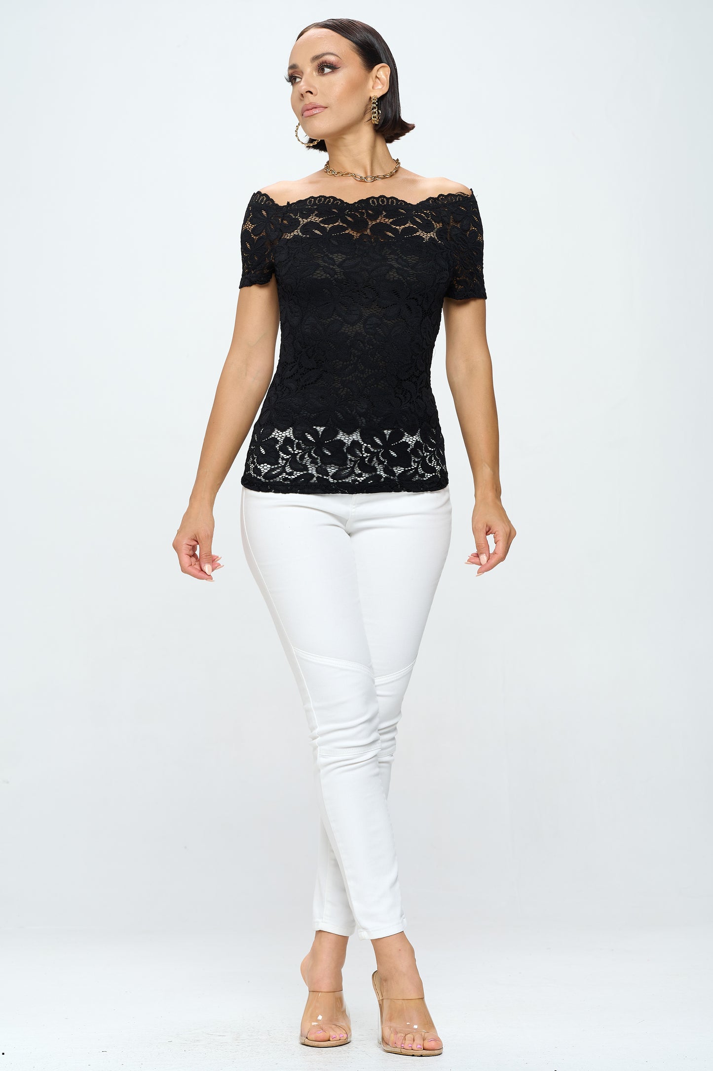 OFF SHOULDER SHORT SLEEVE LACE TOP