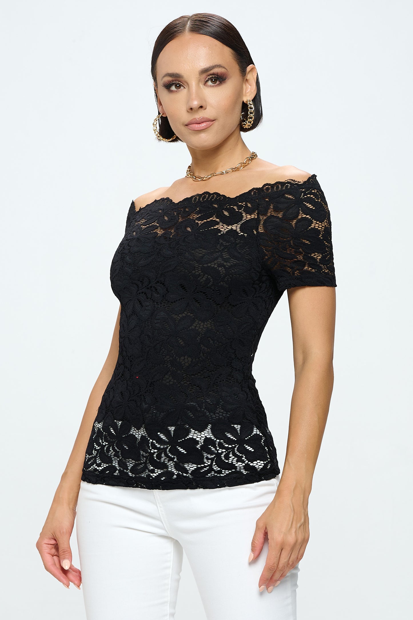 OFF SHOULDER SHORT SLEEVE LACE TOP